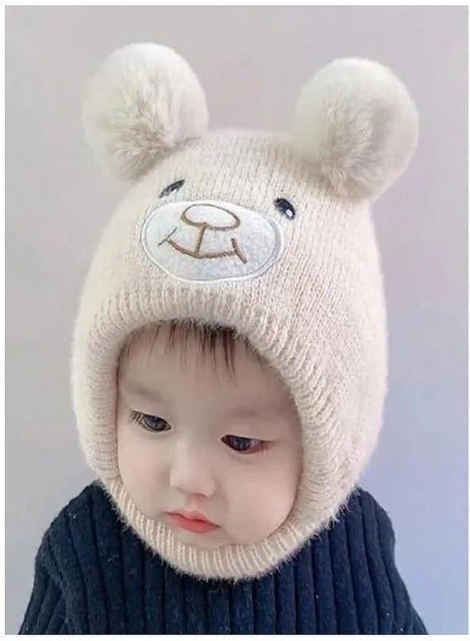EvoNest Bear Designed Ear Protection Knitted Woolen Cap for 6-12 Month Kids | Winter Warm Soft Knitted Hood Earflap Beanies Hat for Toddlers - Off White - Image 4