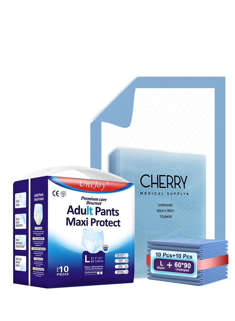 شيري ميديكال سابلاي 10 قطع حفاضات للكبار بتصميم بنطلون كبير - كبير جدًا (مقاس الخصر 80 سم - 130 سم) بالإضافة إلى 10 قطع 60 سم × 90 سم، وسادات سفلية للاستعمال مرة واحدة، حماية من التسرب، للجنسين - Image 1