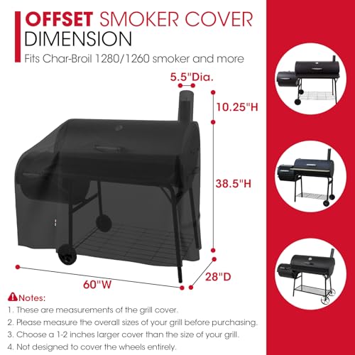 Unicook Offset Smoker Cover 60 Inch, Outdoor Heavy Duty Waterproof Charcoal BBQ Grill Cover, Fade Resistant, Compatible for Brinkmann, Char-Broil, Royal Gourmet and More, Black - Image 2