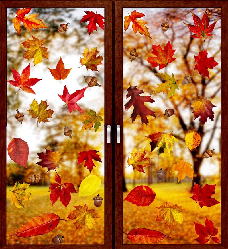 Veylin 6 Sheets 200Pcs Thanksgiving Window Clings  Autumn Maple Leaves Windows Static Stickers For Thanksgiving Day Window Decoration - Image 1