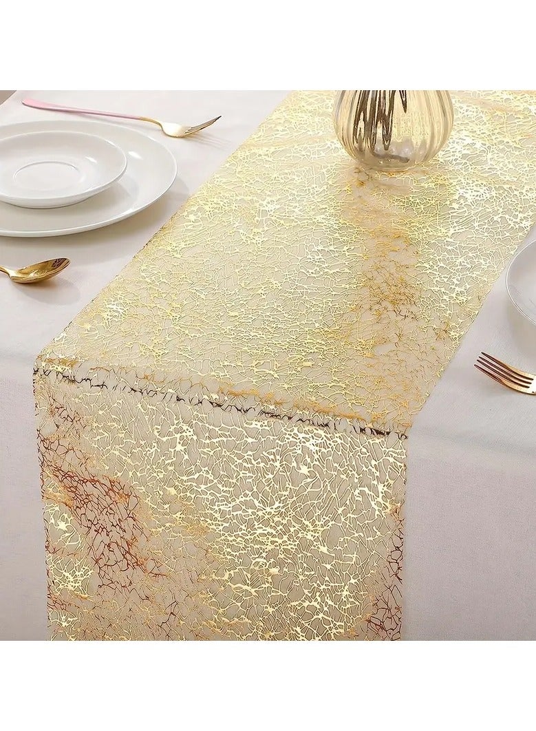 Goolsky 1pc, Golden Table Runner, Glitter Metal Foil Thin Mesh Table Runner, Sequin Tulle Table Decoration, Suitable For DIY, Wedding, Banquet, Birthday, Party And Home Decoration - Image 1