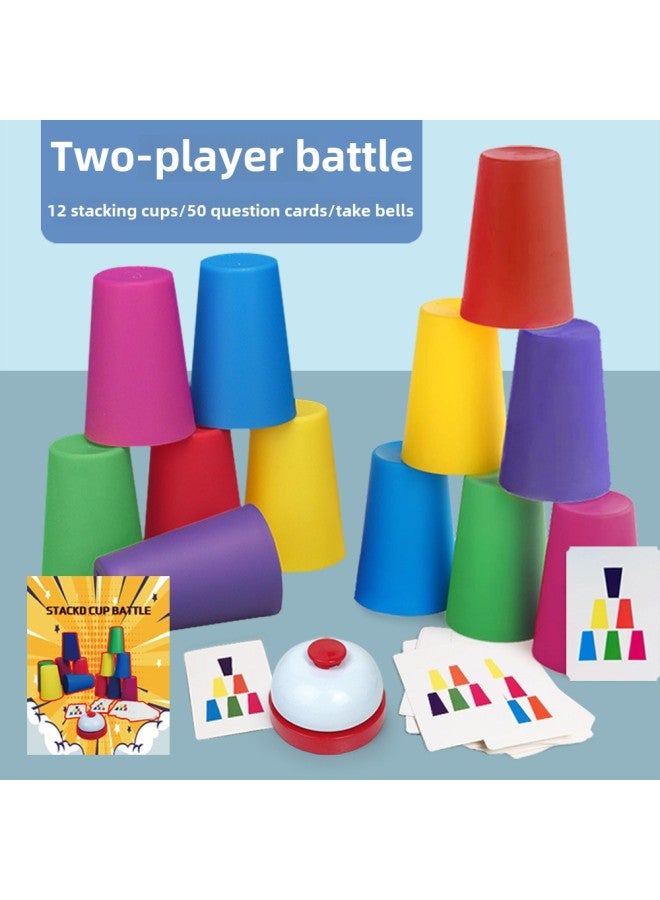 كوب الأطفال التنافسي ذو السرعة القابلة للطي لرياض الأطفال والتعليم المبكر وذكاء الألوان والتعرف على الألوان التفاعلية بين الوالدين والطفل، اللون: 12 كوبًا مكدسًا + 50 بطاقة سؤال + جرس الإجابة + تعليمات (267 جرام) - Image 1