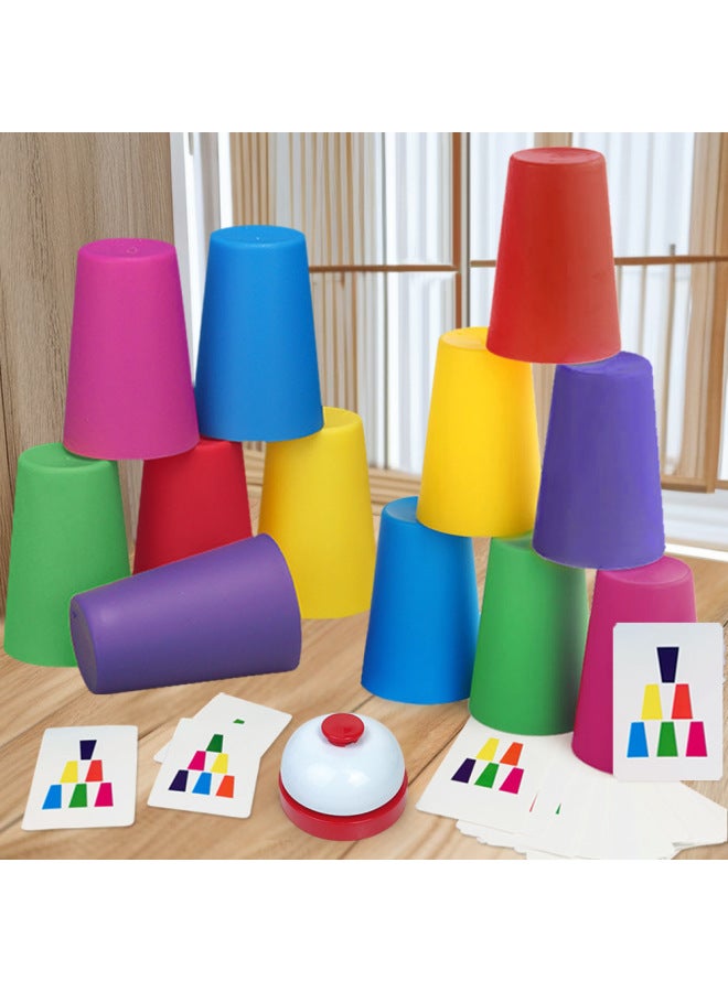 كوب الأطفال التنافسي ذو السرعة القابلة للطي لرياض الأطفال والتعليم المبكر وذكاء الألوان والتعرف على الألوان التفاعلية بين الوالدين والطفل، اللون: 12 كوبًا مكدسًا + 50 بطاقة سؤال + جرس الإجابة + تعليمات (267 جرام) - Image 3