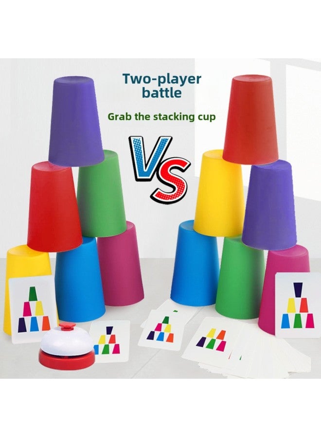 كوب الأطفال التنافسي ذو السرعة القابلة للطي لرياض الأطفال والتعليم المبكر وذكاء الألوان والتعرف على الألوان التفاعلية بين الوالدين والطفل، اللون: 12 كوبًا مكدسًا + 50 بطاقة سؤال + جرس الإجابة + تعليمات (267 جرام) - Image 2