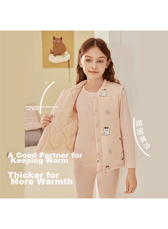 Top melon Dingguagua Children's Vest, Winter Three-layer Padded Thickened Student School Uniform Accessory, Inner Wear Girls' Vest Inner Layer, Pink 140 - Image 1