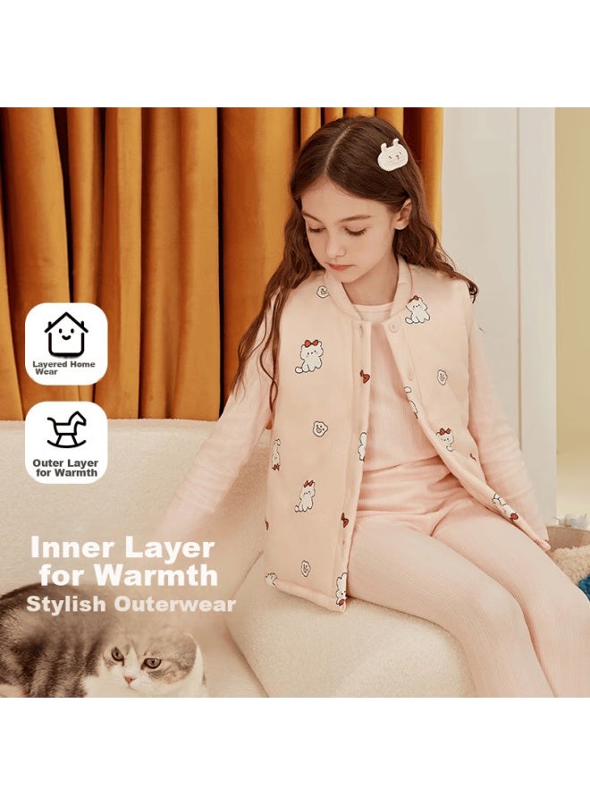 Top melon Dingguagua Children's Vest, Winter Three-layer Padded Thickened Student School Uniform Accessory, Inner Wear Girls' Vest Inner Layer, Pink 140 - Image 2