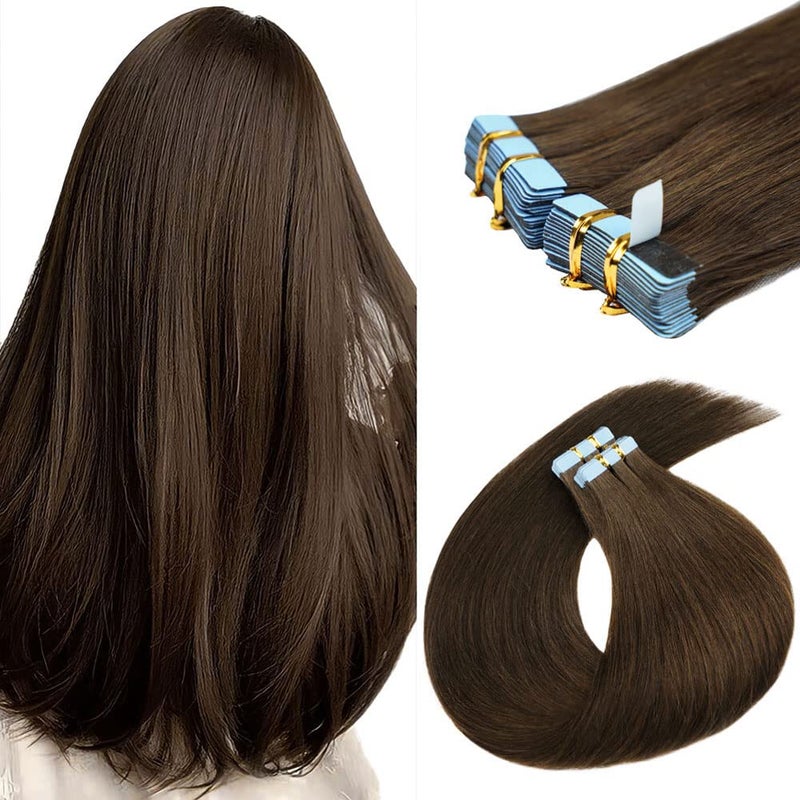 FAAAL 20 inch Tape in Hair Extensions Human Hair Invisible Straight Tape Hair Extensions for Women 20 Pcs50g Seamless Skin Weft 4 Chocolate Brown Real Hair Extension Tape ins Human Hair