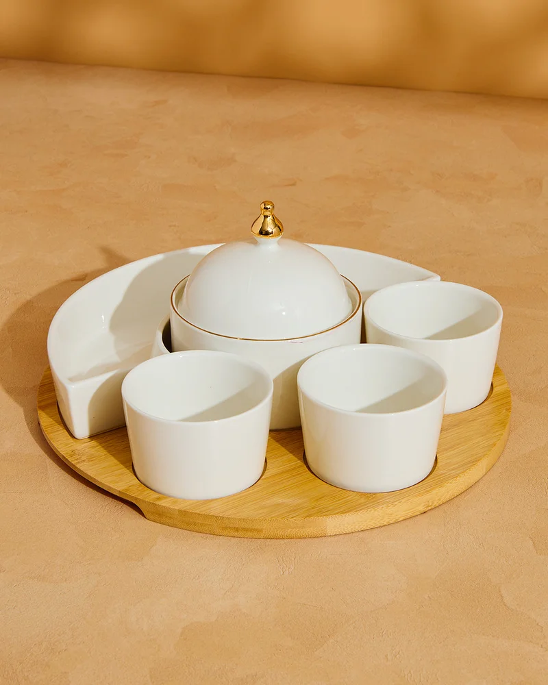 REDTAG White Serving Set Wtih Bamboo Tray (7 Piece)