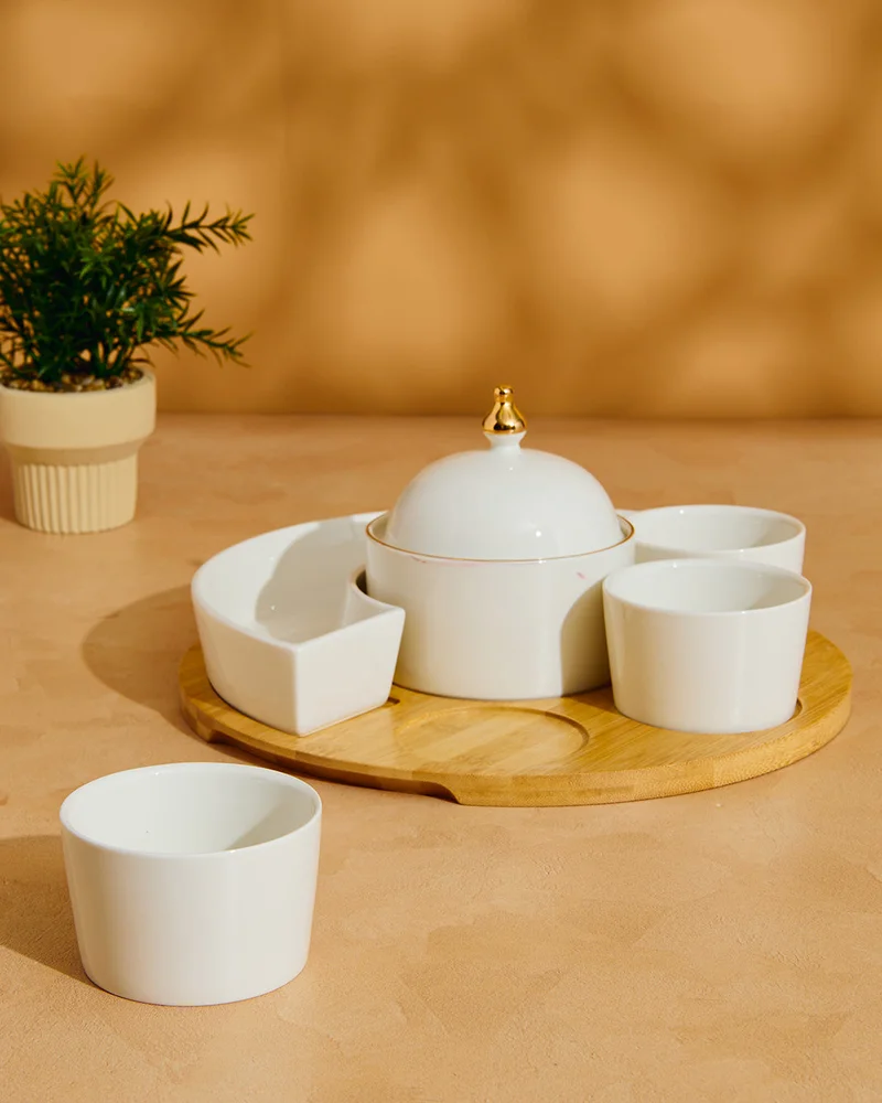 REDTAG White Serving Set Wtih Bamboo Tray (7 Piece)