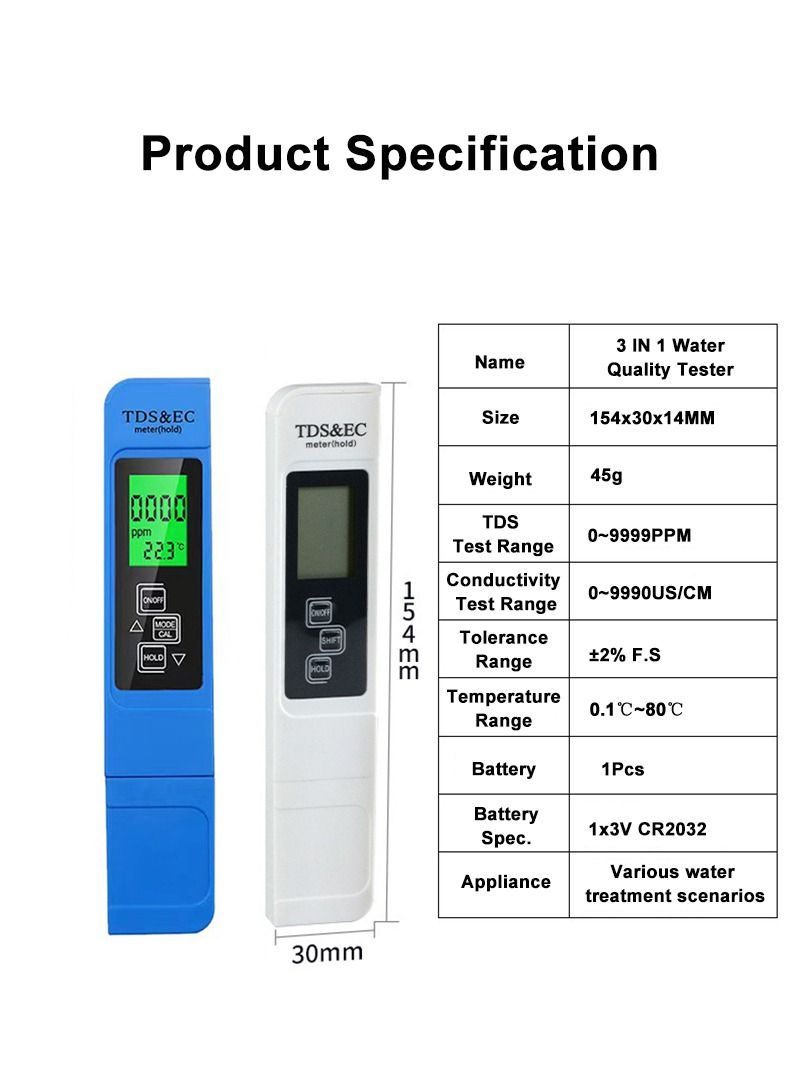 3-in-1 Water Quality Tester EC TDS PPM Temperature Meter LCD Conductivity Detection Pen Digital Portable Filter Tool (Blue)