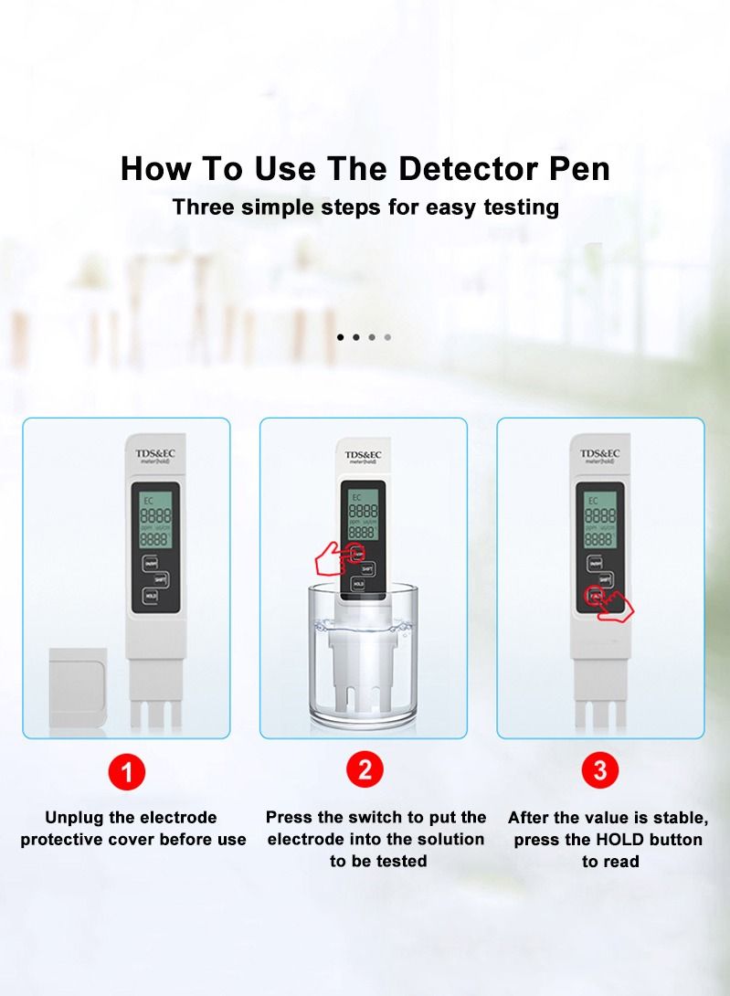3-in-1 Water Quality Tester EC TDS PPM Temperature Meter LCD Conductivity Detection Pen Digital Portable Filter Tool (Blue)