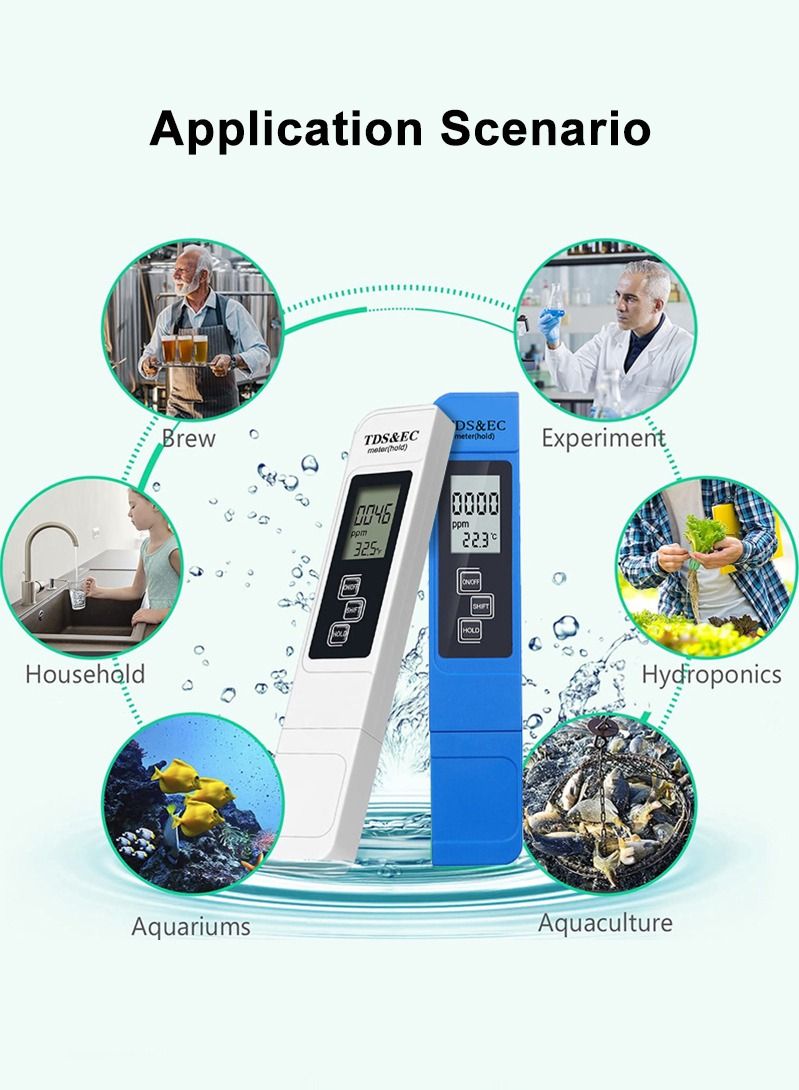 3-in-1 Water Quality Tester EC TDS PPM Temperature Meter LCD Conductivity Detection Pen Digital Portable Filter Tool (Blue)