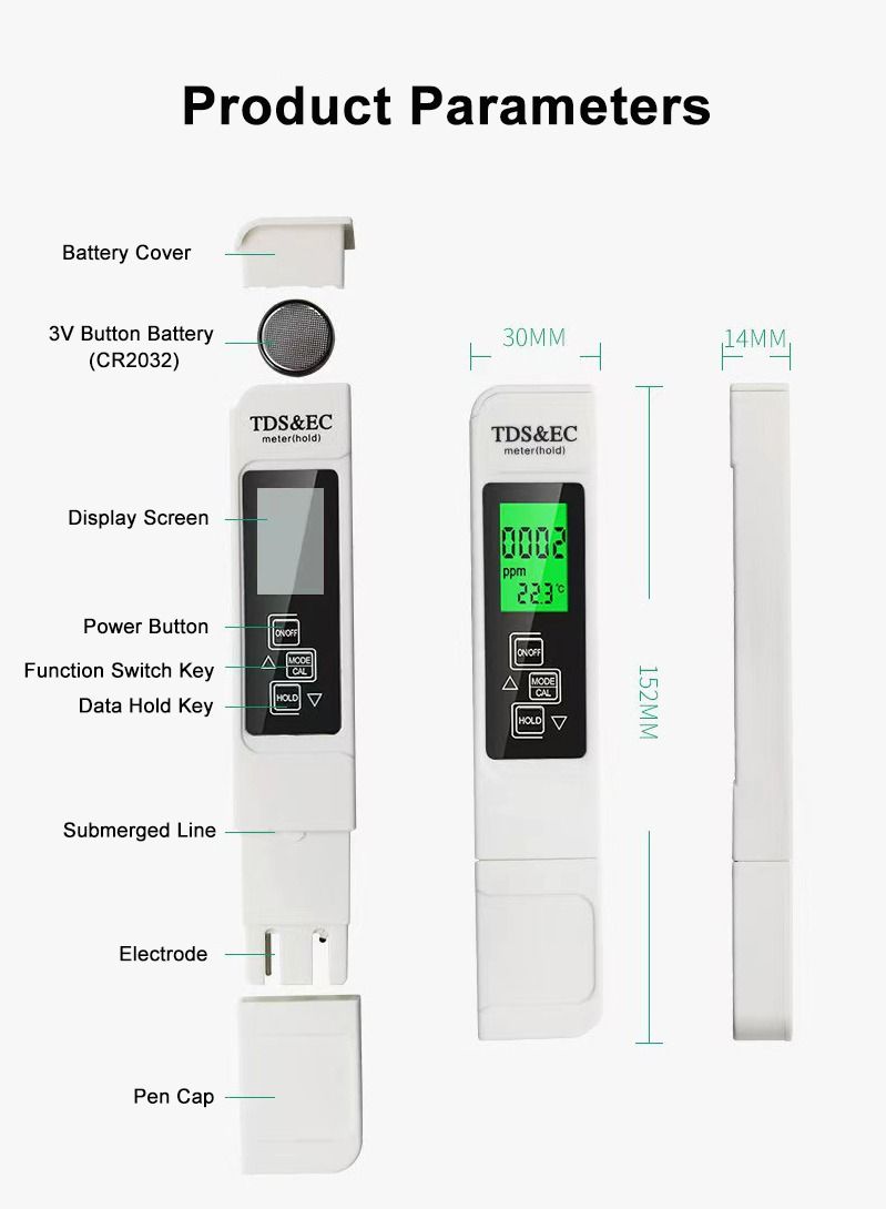 3-in-1 Water Quality Tester EC TDS PPM Temperature Meter LCD Conductivity Detection Pen Digital Portable Filter Tool (Blue)