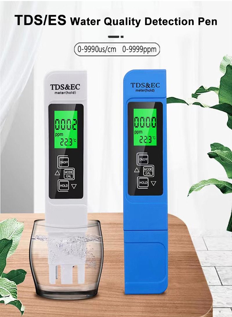 3-in-1 Water Quality Tester EC TDS PPM Temperature Meter LCD Conductivity Detection Pen Digital Portable Filter Tool (Blue)