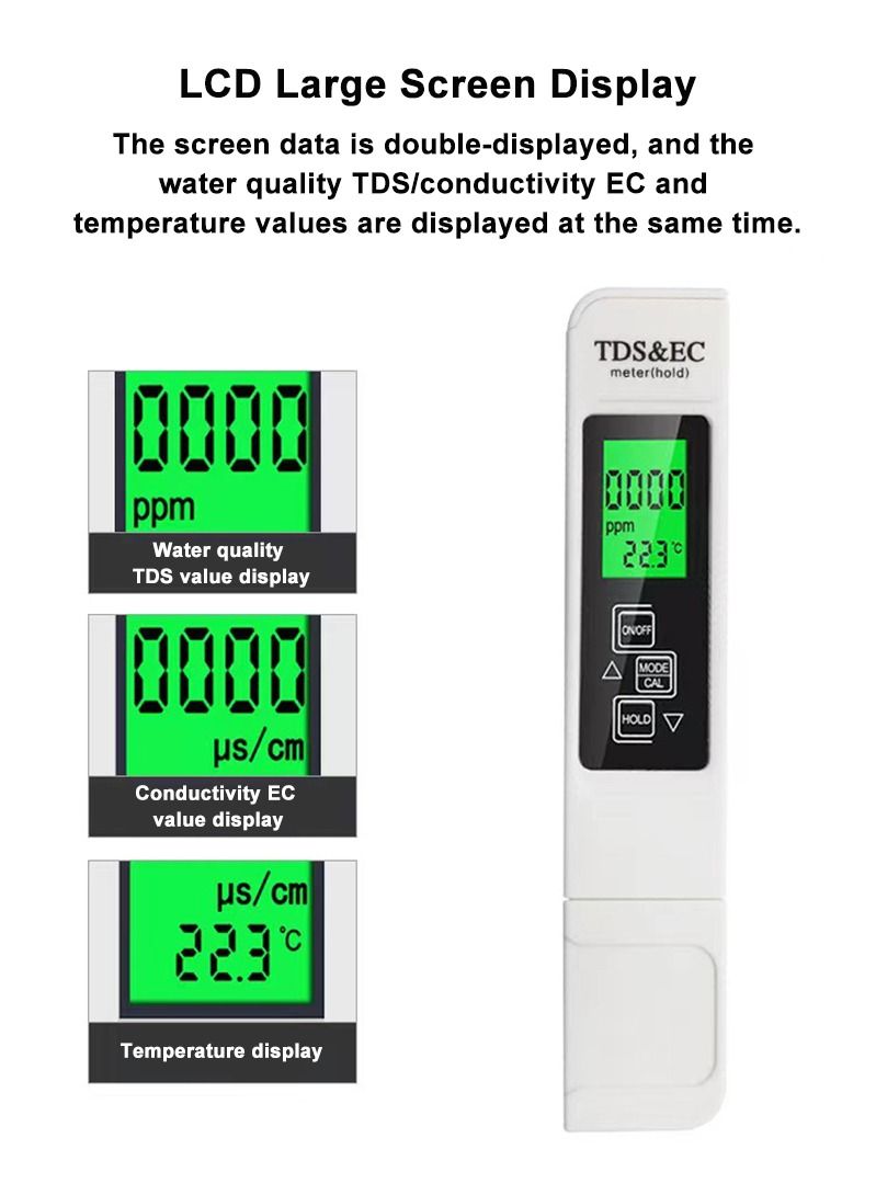3-in-1 Water Quality Tester EC TDS PPM Temperature Meter LCD Conductivity Detection Pen Digital Portable Filter Tool (Blue)