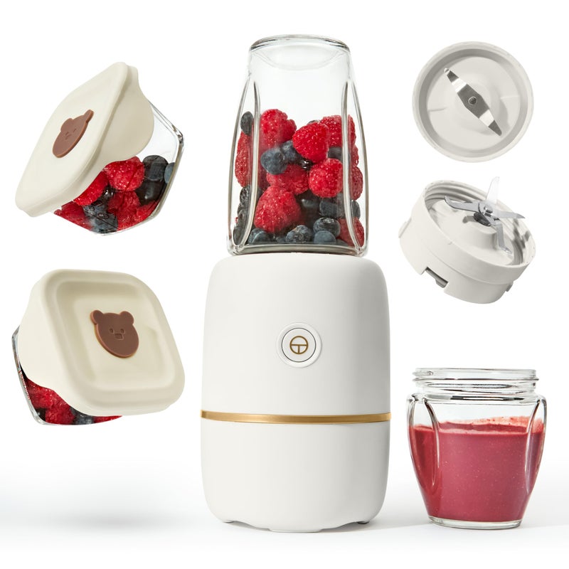 Kwiplee Bubble Blender, Baby Food Maker & Puree Blender with 2 Borosilicate Glass Cups, Compact Baby Bullet for Smoothies, Hands-Free One-Touch, 200W Motor, Cream - Image 1