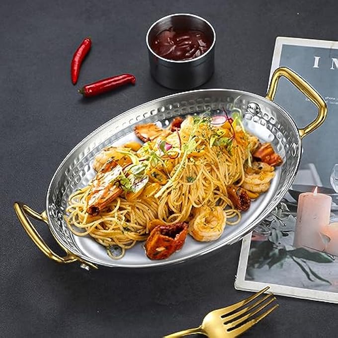 rayihni 304 Stainless Steel Oval Spanish Paella Pan Hand Hammered Seafood Paella Pot Non Stick Paella Dish Cookware With Dual Handle For Homes Or RestaurantsRose Gold 18Cm - Image 4