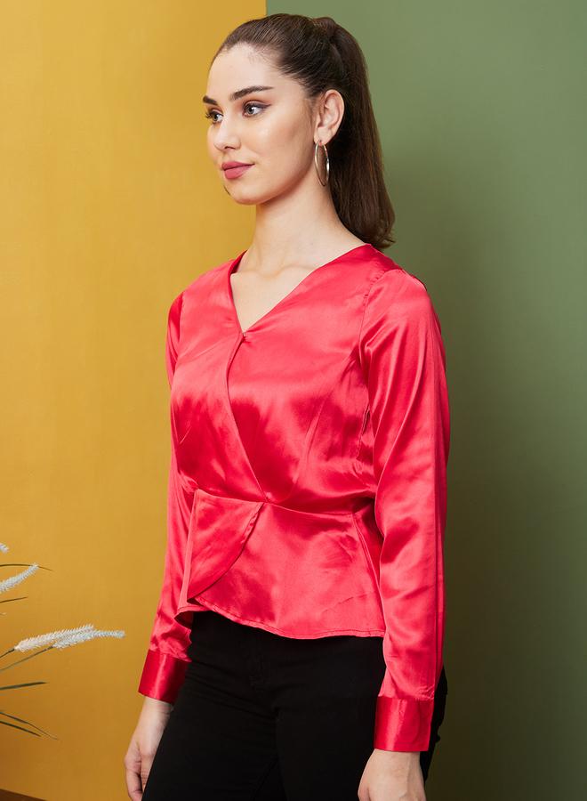 globus Solid Satin V-Neck Wrap Top - Image 2