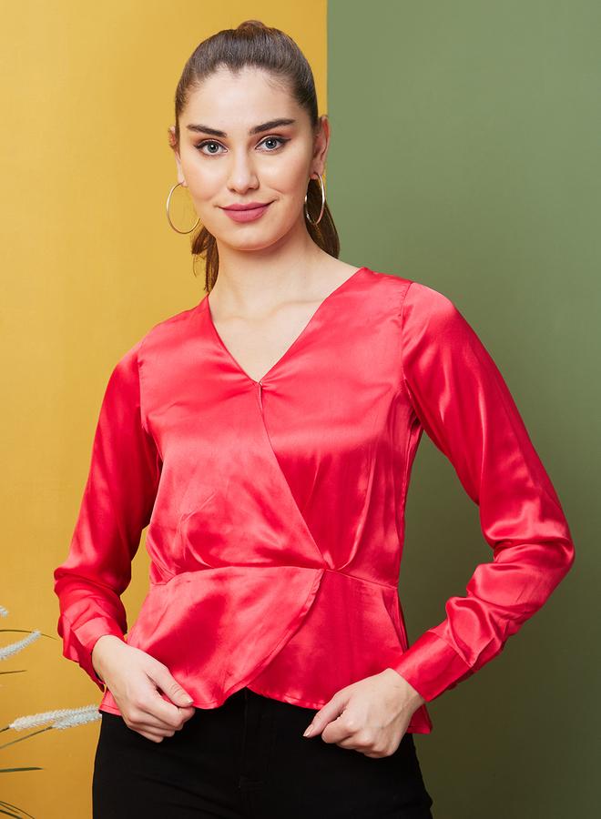 globus Solid Satin V-Neck Wrap Top - Image 1