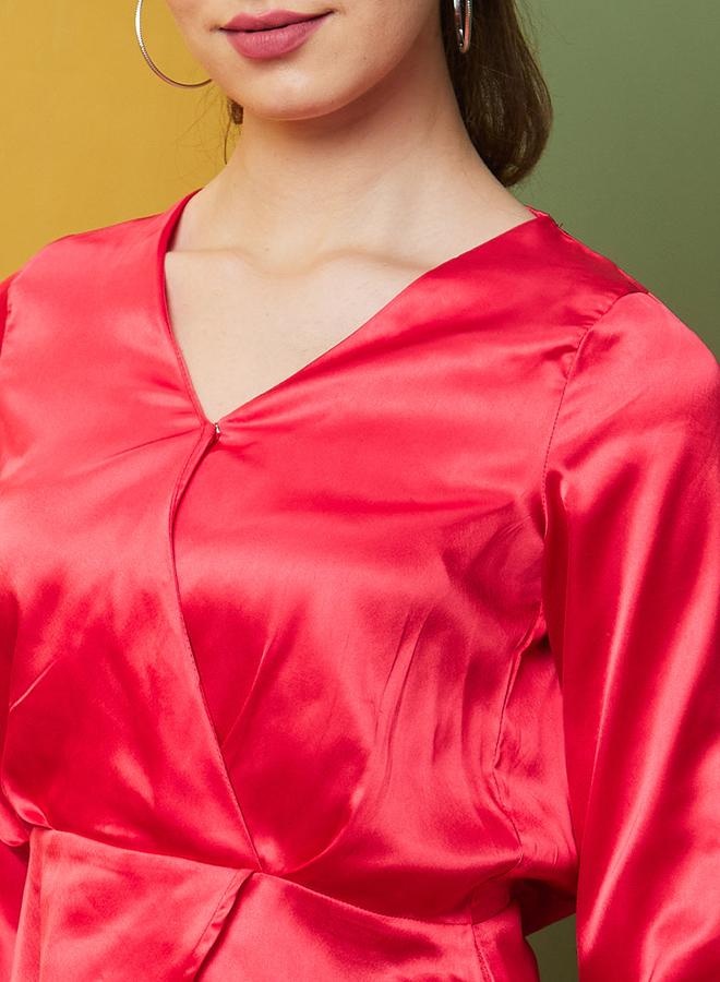 globus Solid Satin V-Neck Wrap Top - Image 4