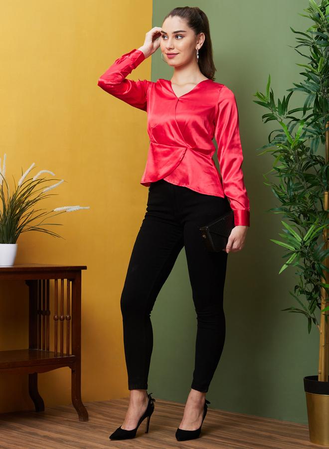 globus Solid Satin V-Neck Wrap Top - Image 5