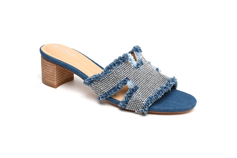 Cuple Denim Heeled Sandal with Crystal and Frayed Details - Image 1