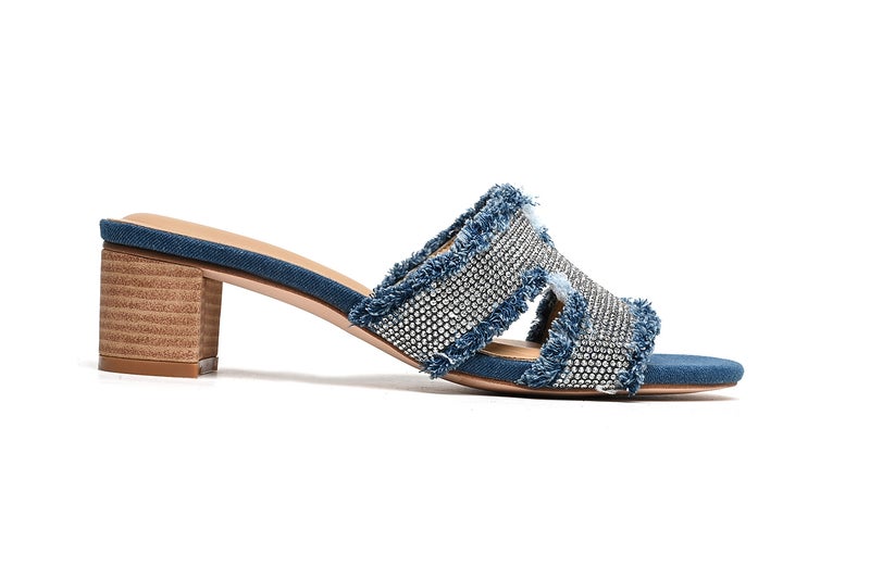 Cuple Denim Heeled Sandal with Crystal and Frayed Details - Image 2