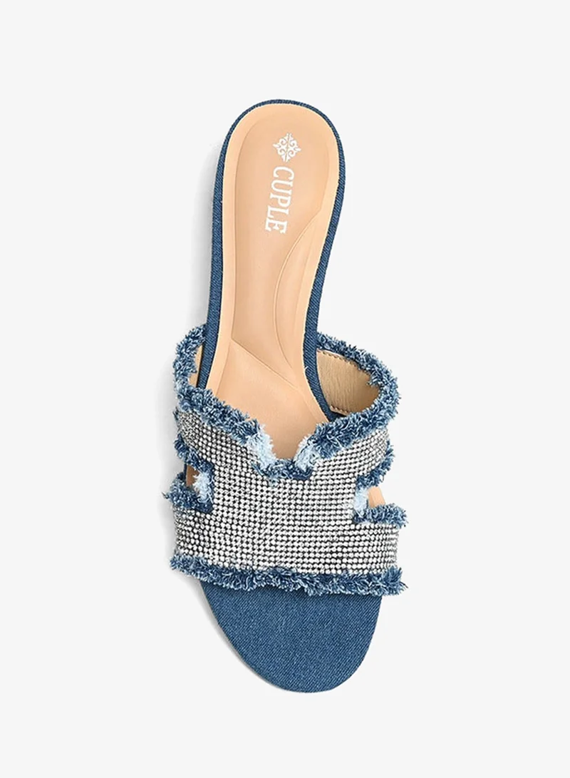 Cuple  Denim Heeled Sandal with Crystal and Frayed Details for Women | Best Price UAE