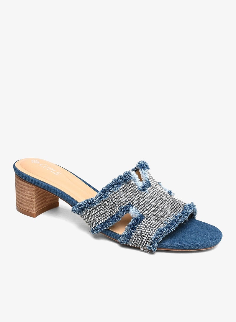 Cuple Denim Heeled Sandal with Crystal and Frayed Details - Image 1