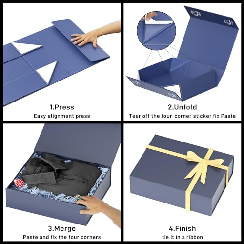 PSHVYM Gift Boxes with Lids, 11.5x7.8x3 In Gentleman Blue Gift Box for Presents Magnetic Closure for T-Shirts, Gloves, Scarves, Books, Baby Clothes, Robes Clothing Gift Wrap, Contains Card, Ribbon - Image 4