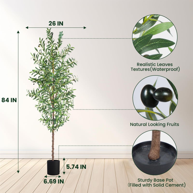 CETRD Artificial Olive Tree, 7FT Tall Faux Olive Trees 84in Outdoor Fake Potted Silk Plant with Trunk and Realistic 1048 Leaves and 40 Fruits for Modern Office Home Decor Indoorï¼ˆ1packï¼‰ - Image 2