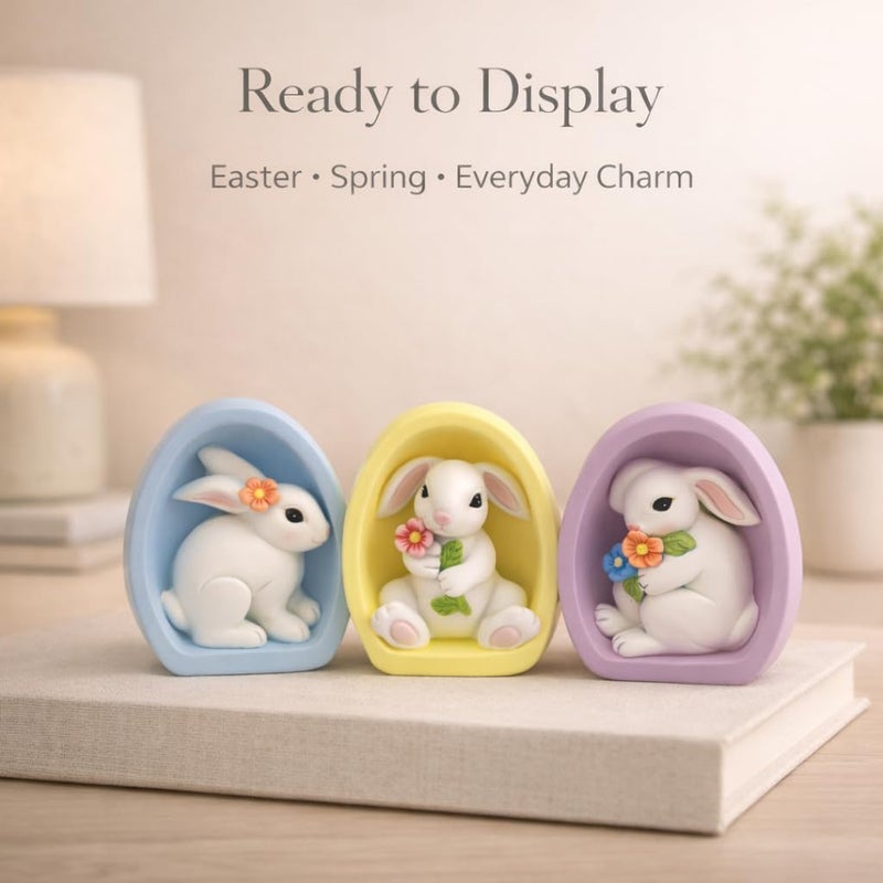 GoGnome Resin Easter Bunny Alcove Figurines, Set of 3 â€“ Pastel Egg Frame Bunny Decor, Spring Shelf & Mantel Display, Cute Seasonal Home Accent (Blue/Yellow/Purple) - Image 2