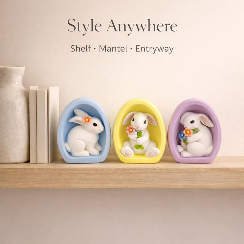 GoGnome Resin Easter Bunny Alcove Figurines, Set of 3 â€“ Pastel Egg Frame Bunny Decor, Spring Shelf & Mantel Display, Cute Seasonal Home Accent (Blue/Yellow/Purple) - Image 5