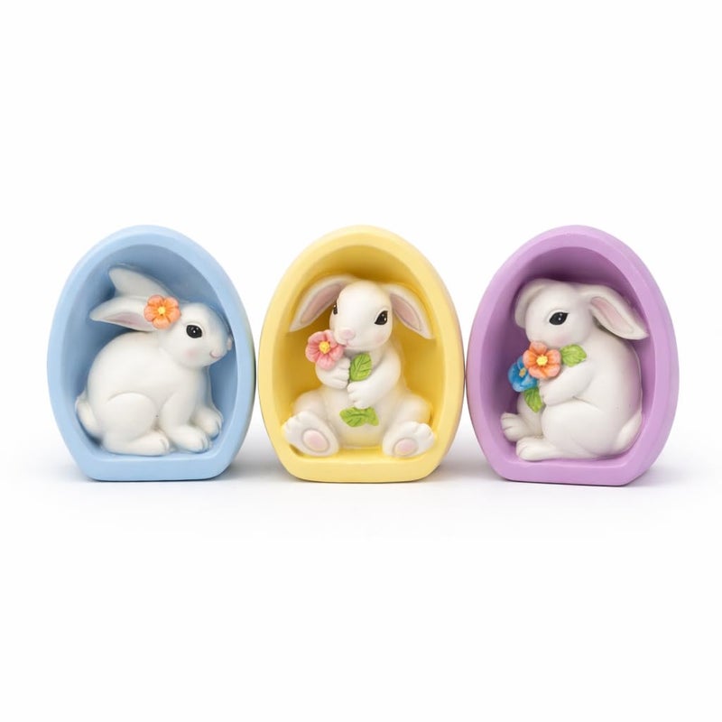 GoGnome Resin Easter Bunny Alcove Figurines, Set of 3 â€“ Pastel Egg Frame Bunny Decor, Spring Shelf & Mantel Display, Cute Seasonal Home Accent (Blue/Yellow/Purple) - Image 1