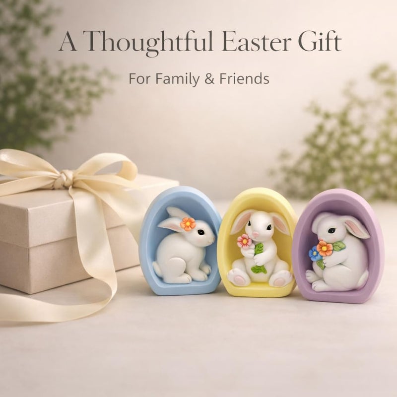 GoGnome Resin Easter Bunny Alcove Figurines, Set of 3 â€“ Pastel Egg Frame Bunny Decor, Spring Shelf & Mantel Display, Cute Seasonal Home Accent (Blue/Yellow/Purple) - Image 4