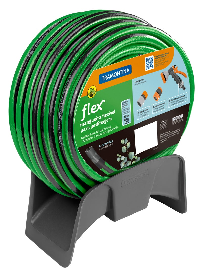 TRAMONTINA Green Flex Garden Hose with Black PVC Stripe, 4 Layers, 15 m with Quick Coupling, Threaded Coupling, Water Spray Gun and Support, 79326615 - Image 1