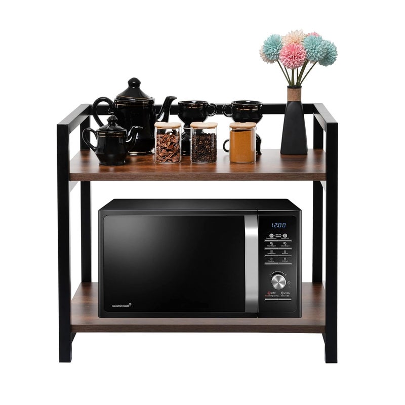 DIVYA حامل ميكروويف ذو طبقتين، حامل OTG، منصة فرن ميكروويف، رف تخزين مطبخ (بني الجوز وأنبوب أسود، فولاذ سبائكي؛ خشب مصنّع، رف متعدد الطبقات) (أسود) - Image 1