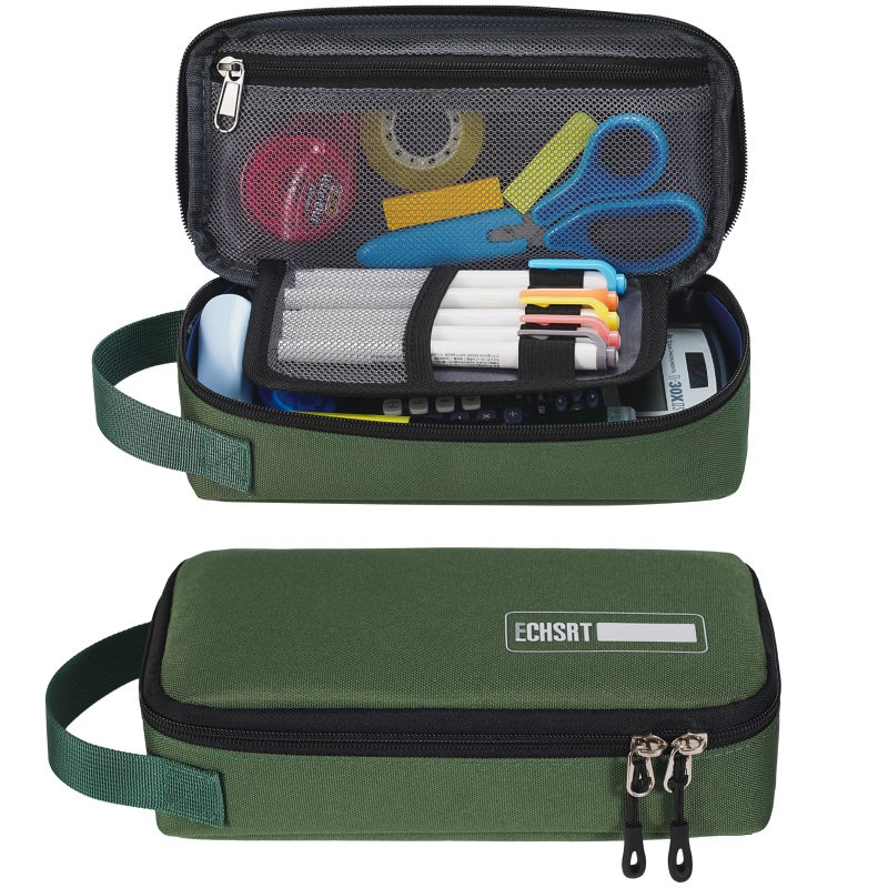 ECHSRT Pencil Case for Men Women Large Pen Bag for Adults Portable Pencil Pouch Aesthetic with Handle Zipper Cases for Office Organizer Green Pencil Cases