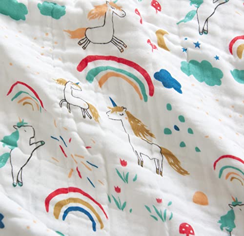 J-pinno Rainbow Unicorn Playing Happy Muslin Blanket Reversible 100% Cotton 6 Layer Quilt Bed Blanket Soft Warm Throw Sofa Couch Toddler Kids Cartoon Travel Coverlet Sheet (Rainbow, Twin 56" X 76") - Image 2