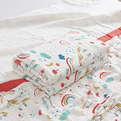 J-pinno Rainbow Unicorn Playing Happy Muslin Blanket Reversible 100% Cotton 6 Layer Quilt Bed Blanket Soft Warm Throw Sofa Couch Toddler Kids Cartoon Travel Coverlet Sheet (Rainbow, Twin 56" X 76") - Image 3