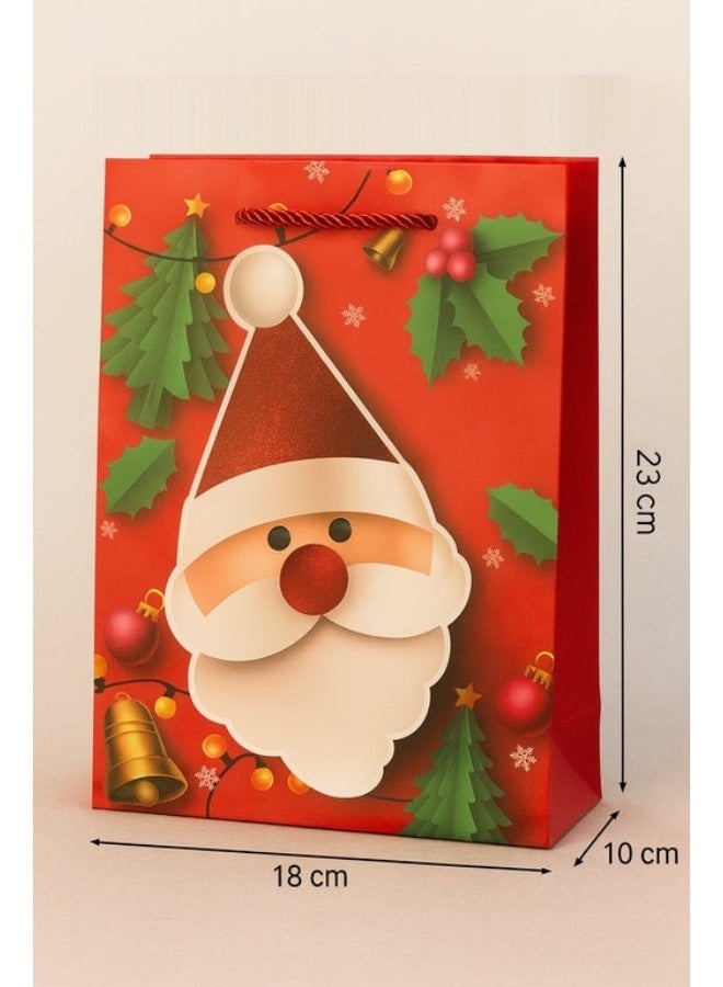 Bright Red Christmas Gift Bag: Cute Modern Santa Face with Glitter Hat and Nose