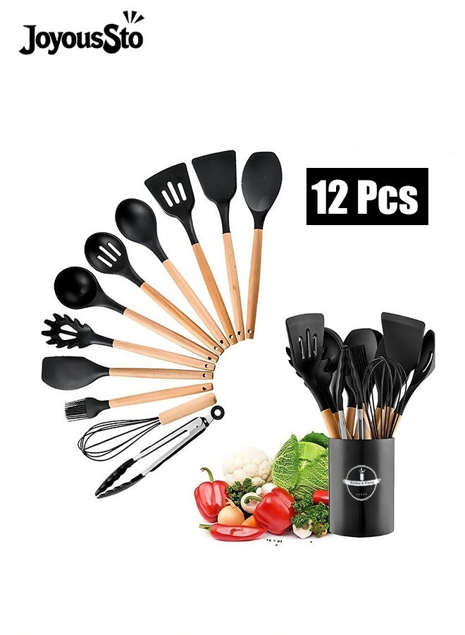 متجر الفرح مجموعة أدوات مطبخ من 12 قطعة، مصنوعة من السيليكون المقاوم للحرارة، بمقابض خشبية، خالية من مادة BPA، سيليكون غير سام، فرشاة، مغرفة، ملعقة مسطحة، ملقط، أداة تقليب، لأدوات الطهي غير اللاصقة، لون أسود - Image 1