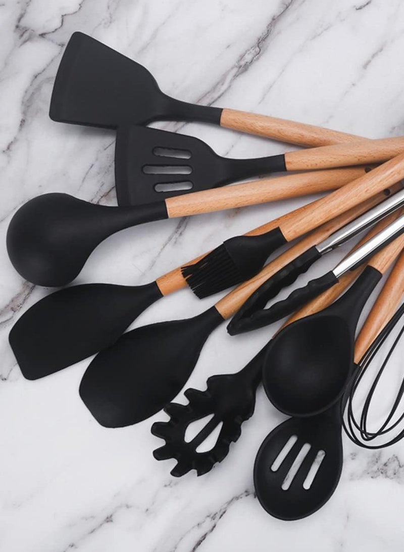 متجر الفرح مجموعة أدوات مطبخ من 12 قطعة، مصنوعة من السيليكون المقاوم للحرارة، بمقابض خشبية، خالية من مادة BPA، سيليكون غير سام، فرشاة، مغرفة، ملعقة مسطحة، ملقط، أداة تقليب، لأدوات الطهي غير اللاصقة، لون أسود - Image 3