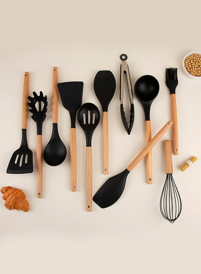 متجر الفرح مجموعة أدوات مطبخ من 12 قطعة، مصنوعة من السيليكون المقاوم للحرارة، بمقابض خشبية، خالية من مادة BPA، سيليكون غير سام، فرشاة، مغرفة، ملعقة مسطحة، ملقط، أداة تقليب، لأدوات الطهي غير اللاصقة، لون أسود - Image 4