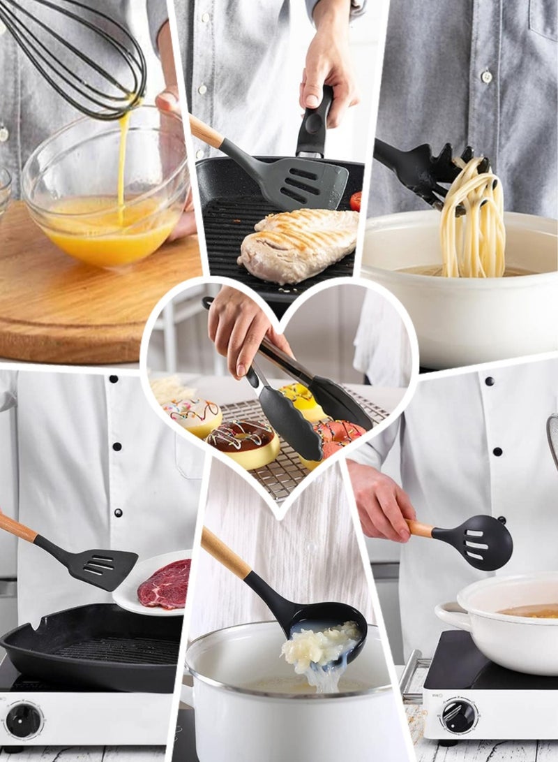 متجر الفرح مجموعة أدوات مطبخ من 12 قطعة، مصنوعة من السيليكون المقاوم للحرارة، بمقابض خشبية، خالية من مادة BPA، سيليكون غير سام، فرشاة، مغرفة، ملعقة مسطحة، ملقط، أداة تقليب، لأدوات الطهي غير اللاصقة، لون أسود - Image 5