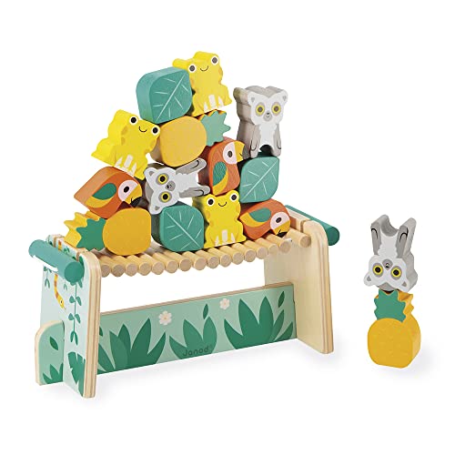 Janod Tropik Tropical Balance Game Wooden Toy 1 Bridge to Construct and 15 Stackable Pieces Educational Toy Fine Motor Skills WaterBased Paint 2 Years J08271 - Image 1