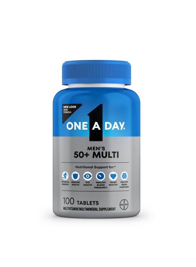 One A Day Men's 50+ Multivitamins، مكمل غذائي يحتوي على فيتامين أ، وفيتامين ج، وفيتامين د، وفيتامين هـ، والزنك لدعم صحة المناعة*، والكالسيوم والمزيد، 100 قرص - Image 1