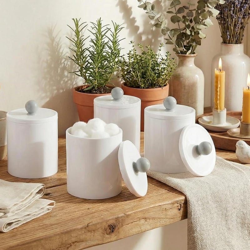 SheeChung 4 Pack Plastic Acrylic Bathroom Vanity Countertop Canister Jars with Storage Lid, Apothecary Jars Qtip Holder Makeup Organizer for Cotton Balls,Swabs,Pads,Bath Salts (White, 10 Oz) - Image 5