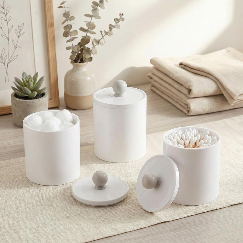 SheeChung 4 Pack Plastic Acrylic Bathroom Vanity Countertop Canister Jars with Storage Lid, Apothecary Jars Qtip Holder Makeup Organizer for Cotton Balls,Swabs,Pads,Bath Salts (White, 10 Oz) - Image 4