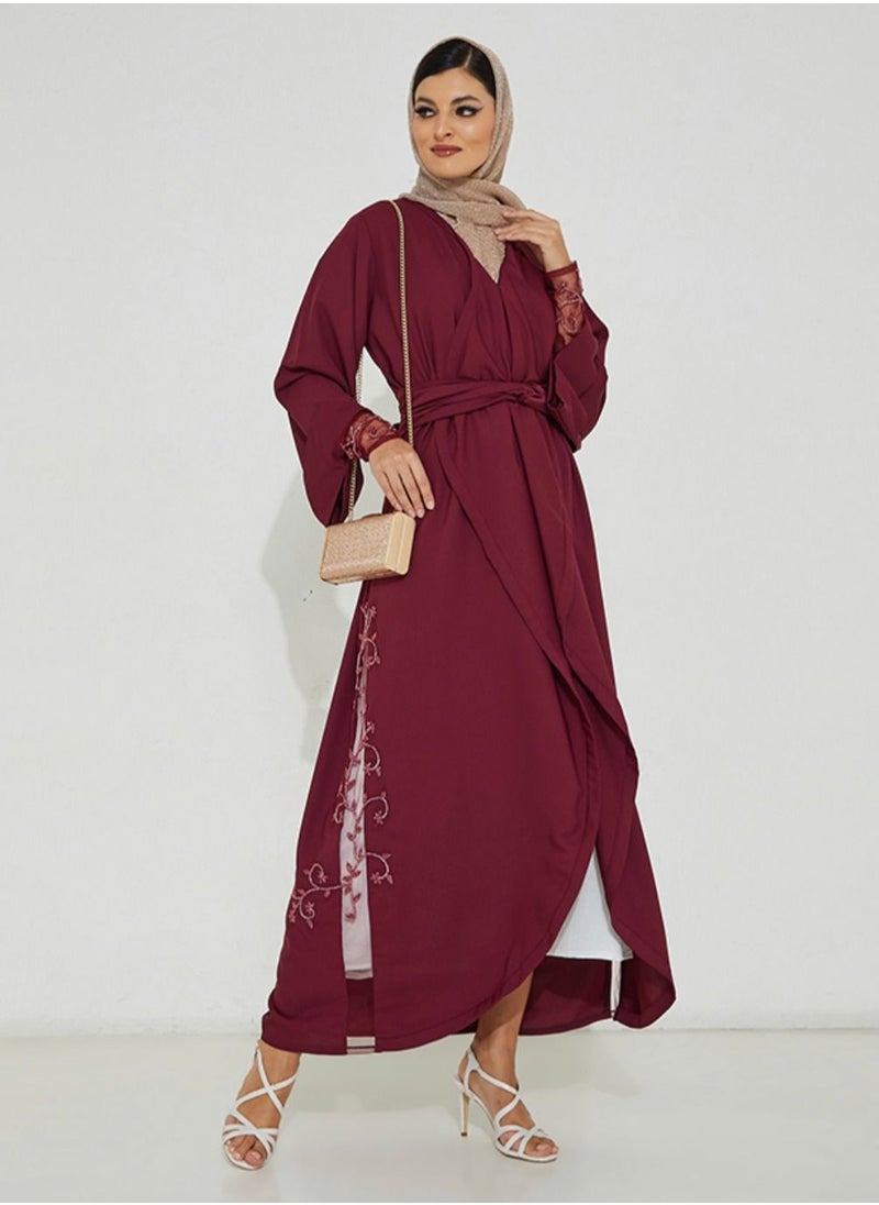 Rosette Abaya - Stylish Red abaya With Embroidery Design - Image 1